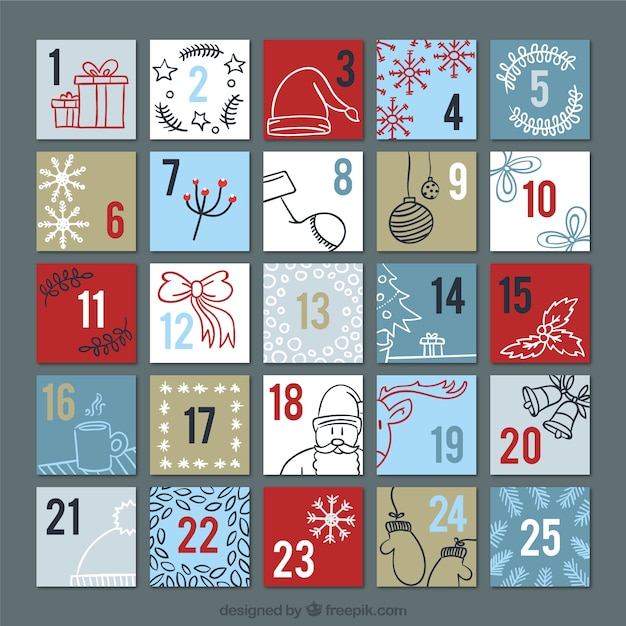Free Vector Advent calendar with decorative christmas sketches