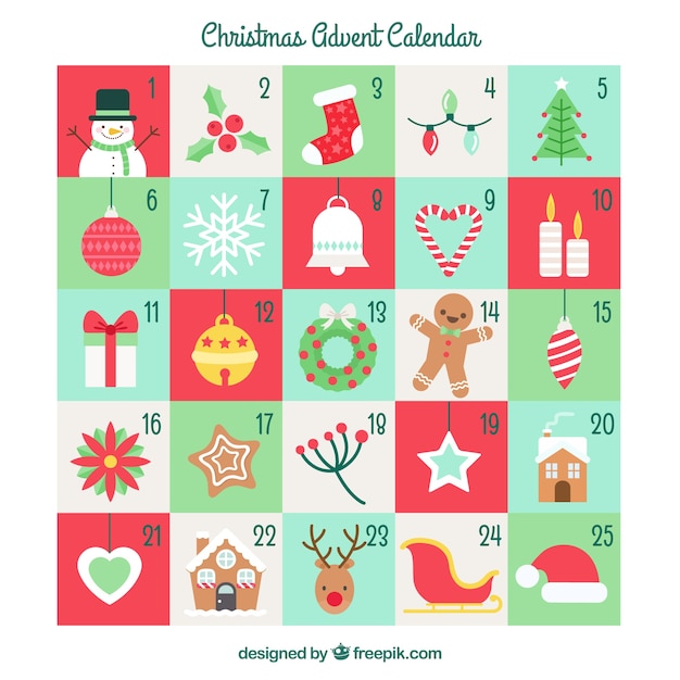 クリスマスの要素とキャラクターのアドベントカレンダー 無料のベクター