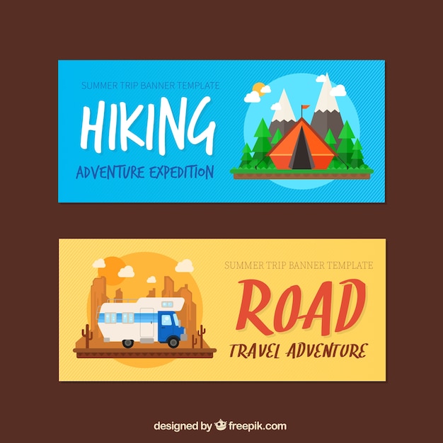 Adventure banners set of hiking and road\
trip