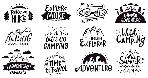 冒険引用レタリング 屋外キャンプ山エンブレム ハイキング遠征バッジ 自然旅行イラストセット 遠征のロゴとエンブレムのポスター シルエットの休暇と探検 プレミアムベクター