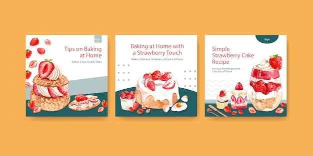 カップケーキ チーズケーキ ショートケーキの水彩イラストを使ったパンフレットのイチゴのベーキングデザインのテンプレートを宣伝する 無料のベクター