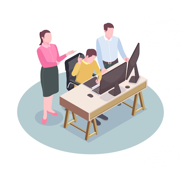 Advertising agency employees at their workplace isometric composition 3d Free Vector