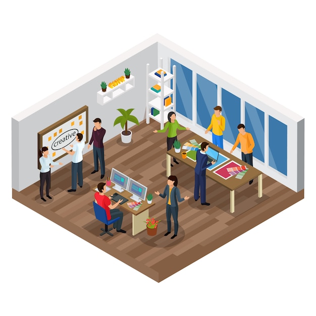 Advertising agency isometric composition with creative team  planning process  computer designer  office interior Free Vector