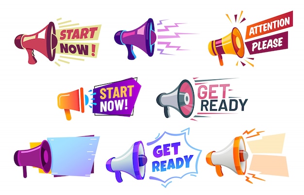 Advertising banners with megaphone. get ready badge speaker, attention please and start now banner  