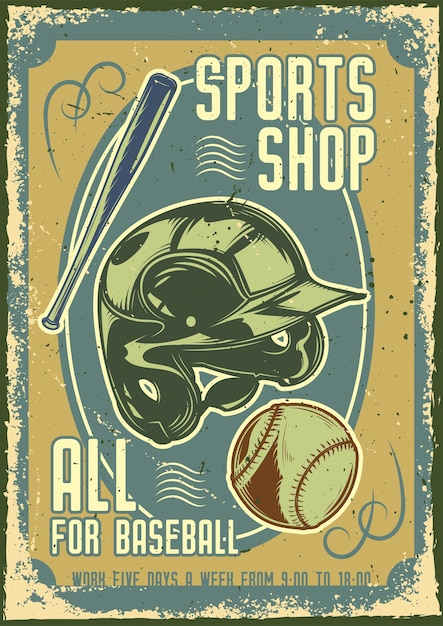 野球のヘルメット ボール バットのイラストと広告ポスターデザイン 無料のベクター