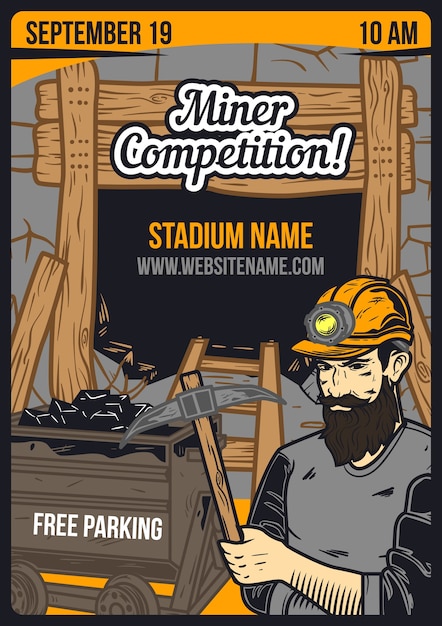 鉱山労働者と鉱山の広告ポスター 無料のベクター