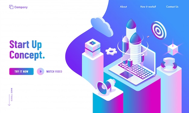 Advertising website landing page design, 3d illustration of rocket with laptop, cloud and infographics charts on business workspace for start up concept. Premium Vector
