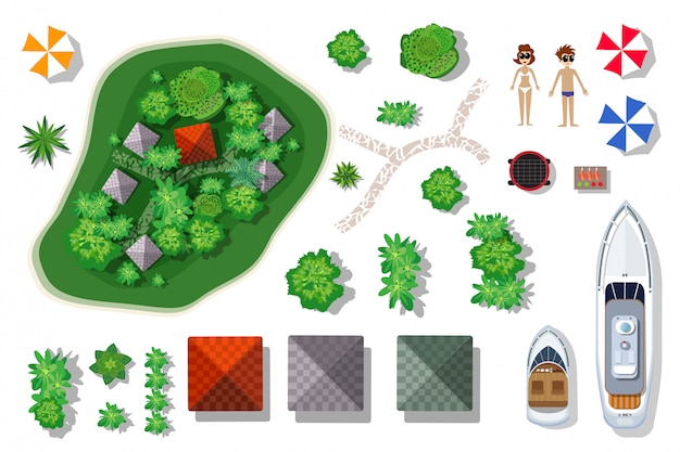 Aerial top view of an island paradise. set of elements Premium Vector