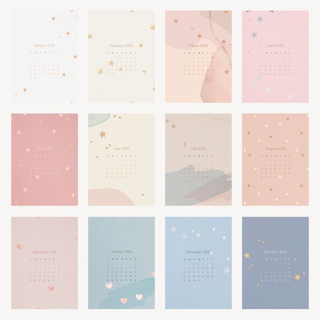 Free Vector | Aesthetic 2022 Monthly Calendar Template, Vector Set