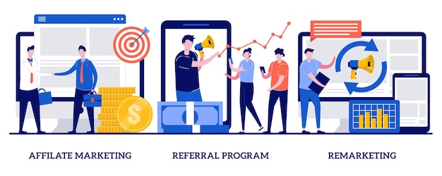 Affiliate marketing, referral program, remarketing concept with tiny people. internet promotion strategy vector illustration set. online sales management, targeted advertising, loyalty. Premium Vector