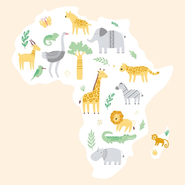 かわいいアフリカの動物園の動物とアフリカの地図 プレミアムベクター