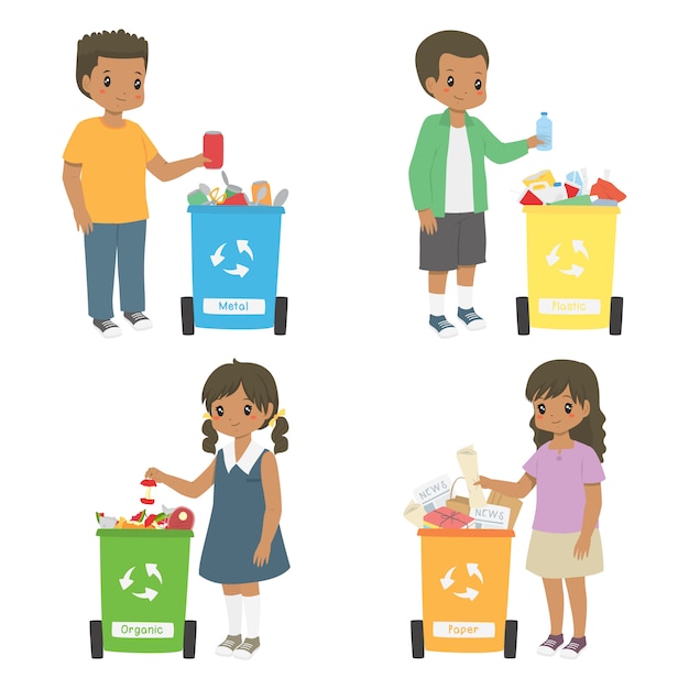 Premium Vector | African american kids collecting trash for recycling ...