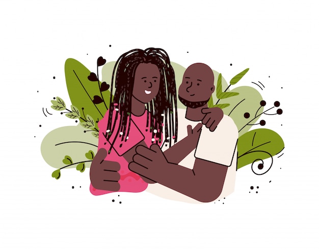 プレミアムベクター アフリカ系アメリカ人の愛するカップルを抱いて 漫画イラスト