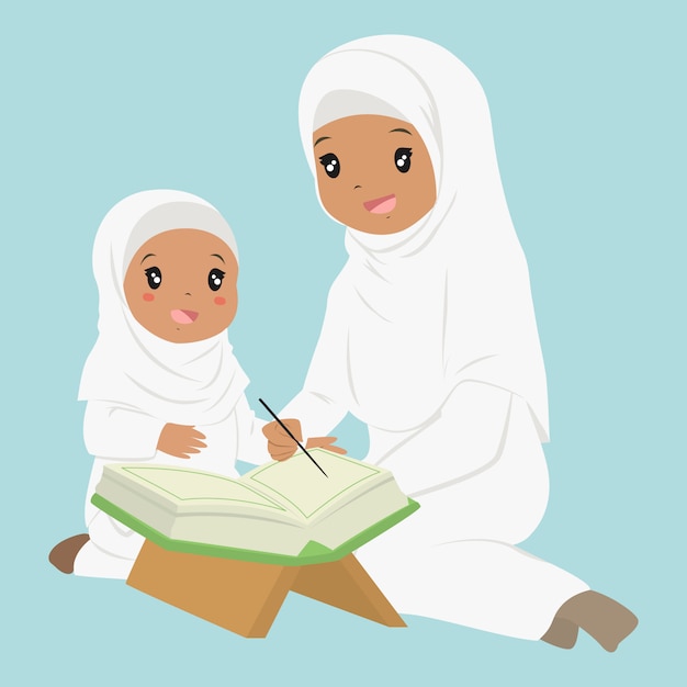 コーランを読むことを学ぶアフリカ系アメリカ人のイスラム教徒の少女 娘がコーランを読むように娘に教える漫画 プレミアムベクター