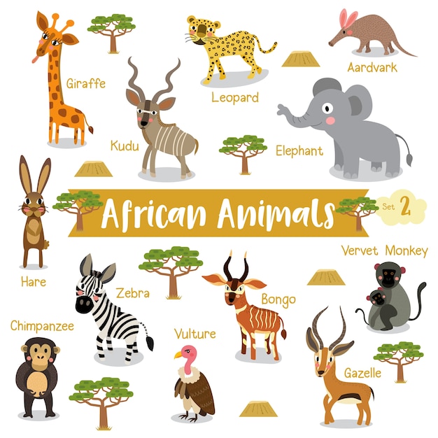 African animal cartoon with animal names Vector | Premium Download