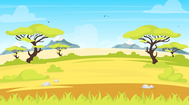 アフリカの風景イラスト サファリパノラマランド 葉を持つ緑のサバンナシーン 牧草地のフィールド 緑の風景 豪快で熱帯の草原 夏の谷の漫画の背景 プレミアムベクター