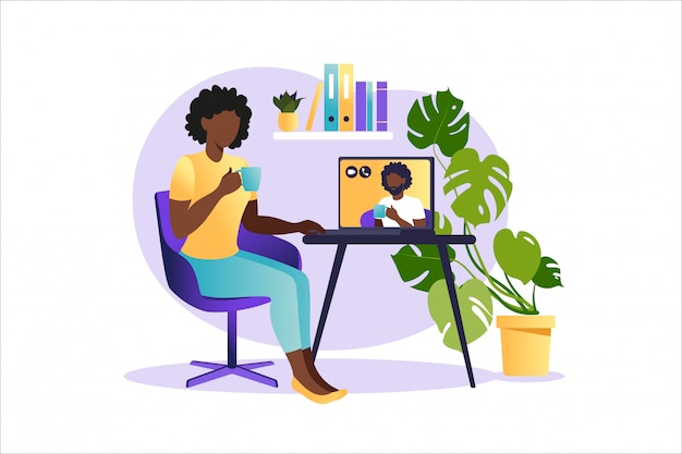 African woman sitting at laptop and using website for dating or searching for love. virtual relationships and online dating and social networking concept. illustration. Premium Vector
