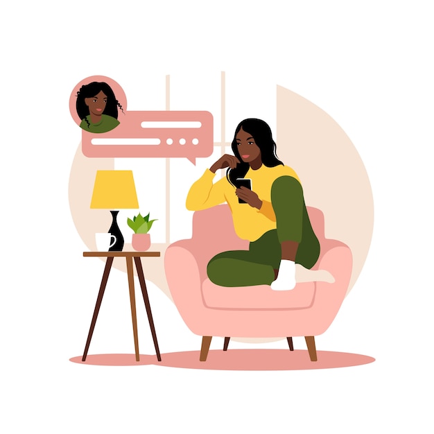 Premium Vector | African woman sitting on sofa with phone. working in ...