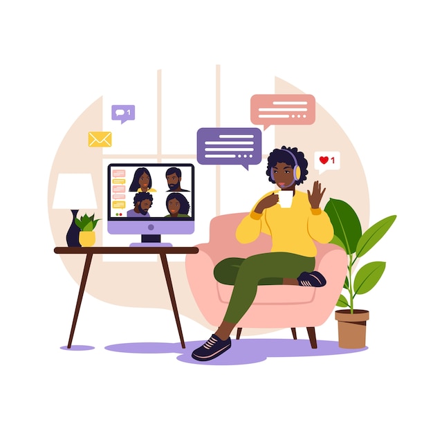 Premium Vector | African woman using computer for collective virtual ...