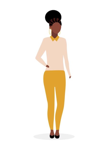 アフロアメリカンガールフラットイラスト 恐怖と巻き毛の髪型を持つ黒のスタイリッシュな女性 カジュアルな服装のダークスキンのスタイリッシュでエレガントな女性 ムラートブラジル女性モデルの漫画のキャラクター プレミアムベクター