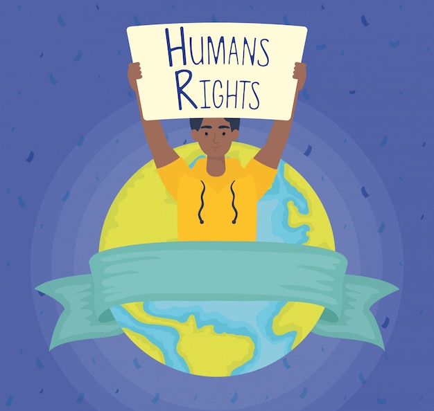 人権ラベルと世界惑星ベクトルイラストデザインを持つアフロ男 無料のベクター
