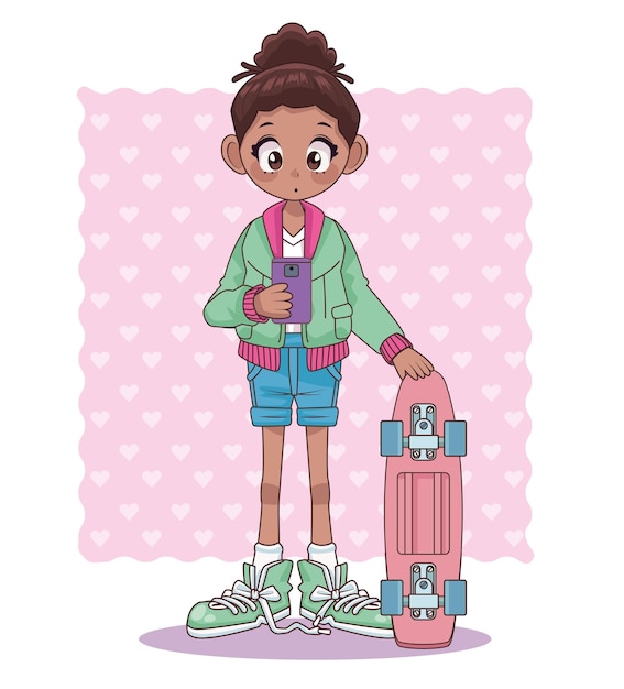 スケートボードアニメキャラクターイラストとアフロティーンエイジャーの女の子 プレミアムベクター