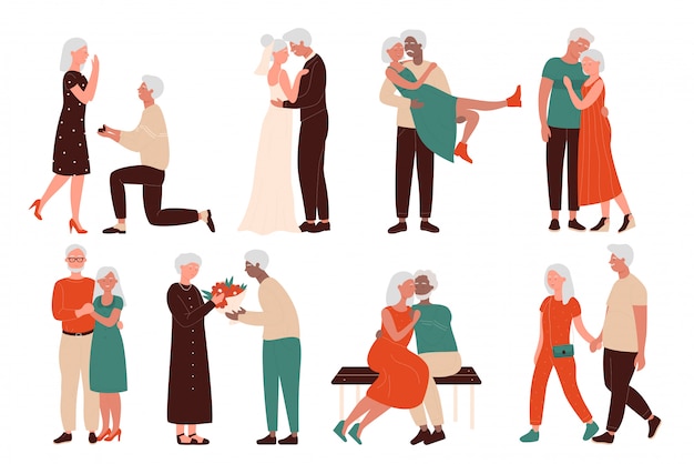 高齢者の幸せな愛情のあるカップルキャラクターフラット概念ベクトルイラストセット シニア男性と女性が一緒に時間 結婚の命題 結婚式 ベンチに抱擁に座って 手をつないで歩く プレミアムベクター