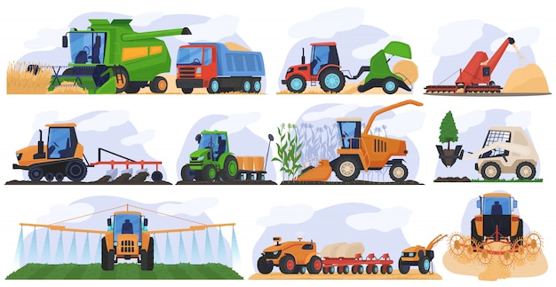農業農業機械車両は 農業トラクター干し草ベーラー コンバインのイラストを設定します プレミアムベクター