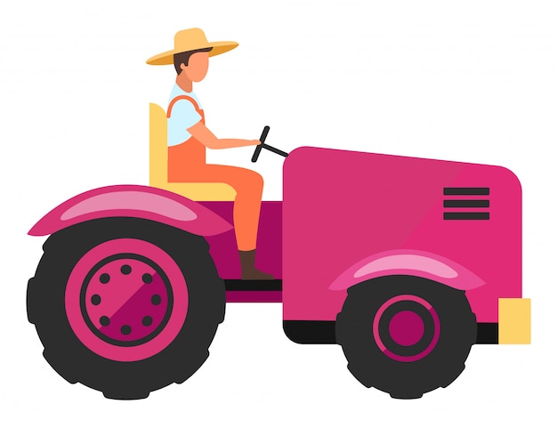 農業機械フラットベクトルイラスト 農業労働者が農業ミニトラクターの漫画のキャラクターを運転します 収穫および耕作車両 農業機器 農家 トラクターの運転手 プレミアムベクター