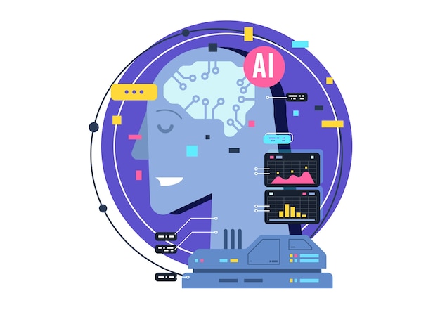 Ai 人工知能アイコンの概念 電子ニューロンを備えた脳 フラットなイラスト Ai人工知能とヒューマンインテリジェンスコンセプトビジネスイラスト プレミアムベクター