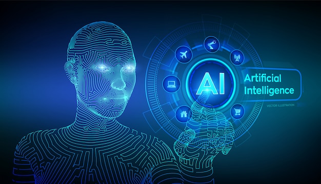 Ai. artificial intelligence. wireframed female cyborg hand touching digital graph interface. Premium Vector