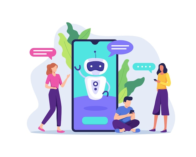 Ai technology with chat bot receiving client messages. future marketing, smart artificial intelligence bot online talking helping client.  in a flat style Premium Vector