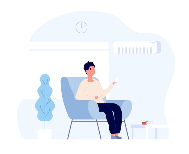 Air conditioner concept. young man sitting in home chair under air conditioning system. summer room cooling and cleaning.  image Premium Vector