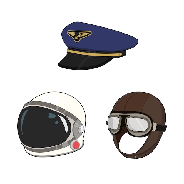 空軍帽子セット パイロットキャップとビンテージハット 宇宙飛行士の宇宙服のヘルメット 図 プレミアムベクター