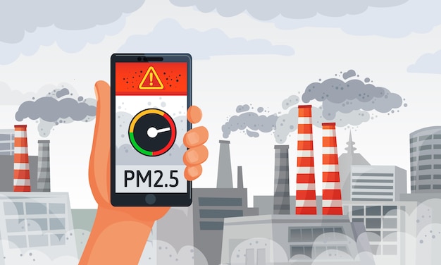 大気汚染警報 Pm2 5アラートメータースマートフォン通知 汚れた空気 汚れた環境のイラスト プレミアムベクター