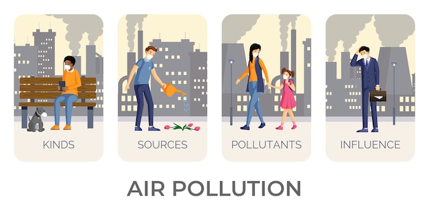 大気汚染フラットカラーイラストセット 汚染物質 二酸化炭素 産業排出物による環境への悪影響は コンセプトに悪影響を及ぼします マスクの人 ほこりからの保護 プレミアムベクター