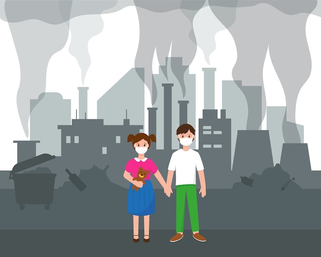 大都市における大気汚染問題 2人の子供と高層ビル 工場 ゴミのある近代的な都市のシルエット 都市の汚染の概念 都市の風景のイラスト プレミアムベクター