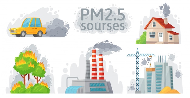 大気汚染源 Pm 2 5のほこり 汚れた環境 汚染された空気源のインフォグラフィックイラスト プレミアムベクター