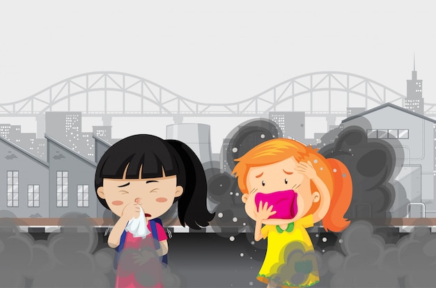 Air pollution with two girls in dirty smoked city Free Vector