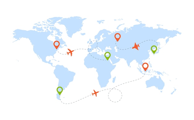 航空機ルート 飛行機と形のピクトグラムを含む世界地図は 空を背景にルート方向を移動します イラスト旅行世界旅行航空 プレミアムベクター