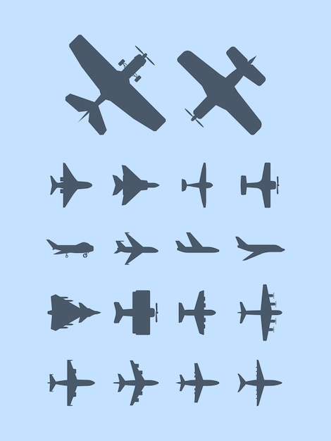 航空機のシルエット 旅行者のための飛行機ジェット輸送航空アイコン 飛行機の飛行ジェットのシルエット 輸送機のイラスト プレミアムベクター