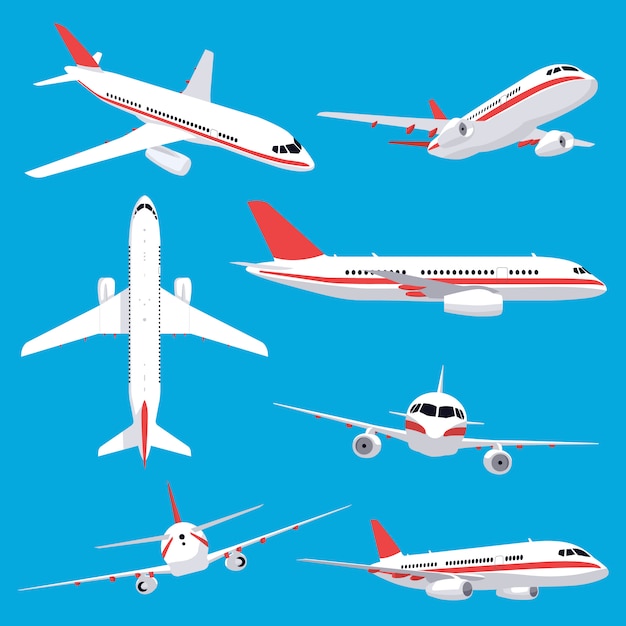 航空機輸送 旅客飛行ジェット飛行機 航空車両 飛行航空会社飛行機イラストアイコンセット 飛行機航空 トリップジェット 翼飛行輸送 プレミアムベクター
