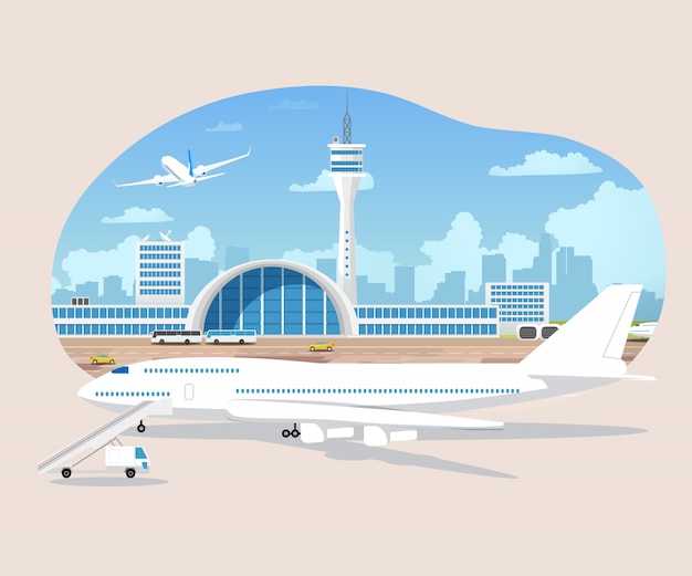 Airliners waiting and takeoff in airport vector Premium Vector