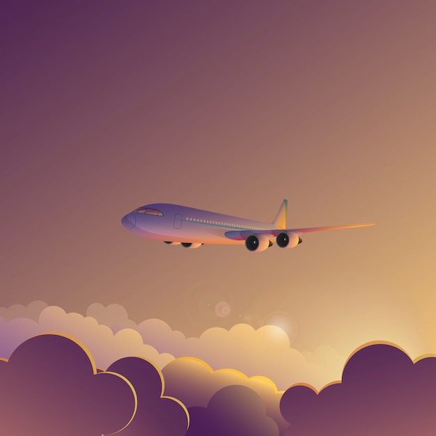日没日の出空イラストポスターバナーの飛行機 プレミアムベクター