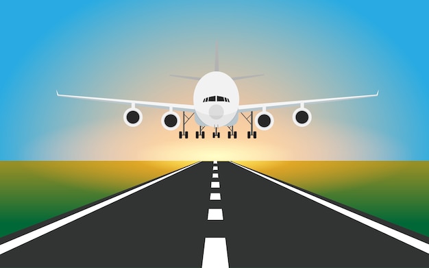 Premium Vector | Airplane is landing into the runway in the airport