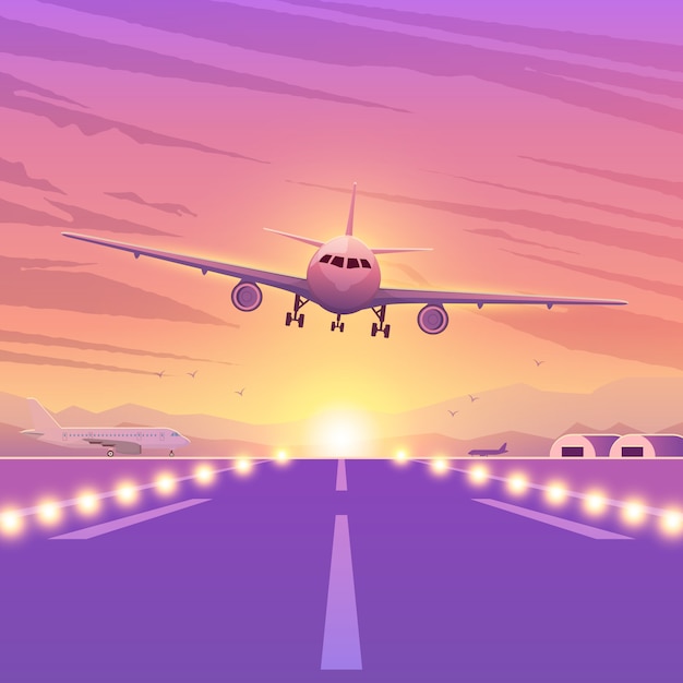 夕日とピンクの背景に飛行機 空を飛んでいる飛行機 着陸の図 プレミアムベクター