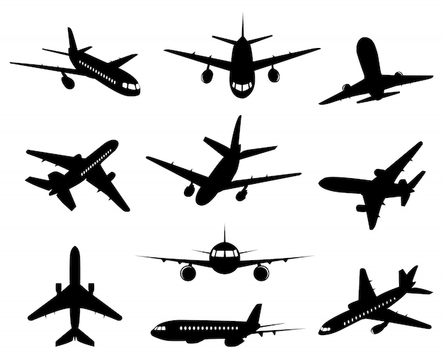 飛行機のシルエット 旅客機 背面前面と底面ビュー 航空機ジェットシルエットイラストアイコンセット ジェットモノクロ 飛行機 飛行機 民間旅客機 プレミアムベクター