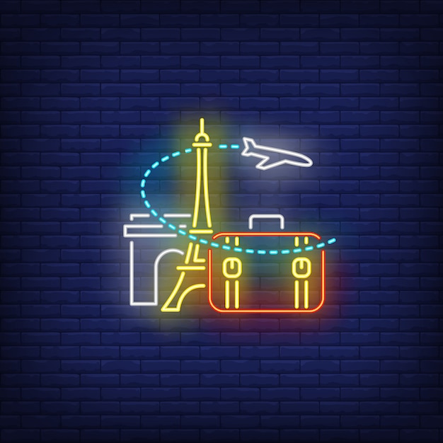 Airplane, suitcase, eiffel tower and arc de triomphe neon sign Free Vector