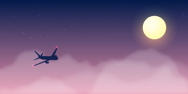 美しい夜の空と星の背景イラストと飛行機のウィンドウビュー プレミアムベクター