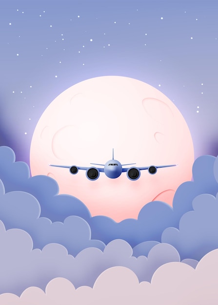 美しい夜の空と星の背景イラストと飛行機のウィンドウビュー プレミアムベクター